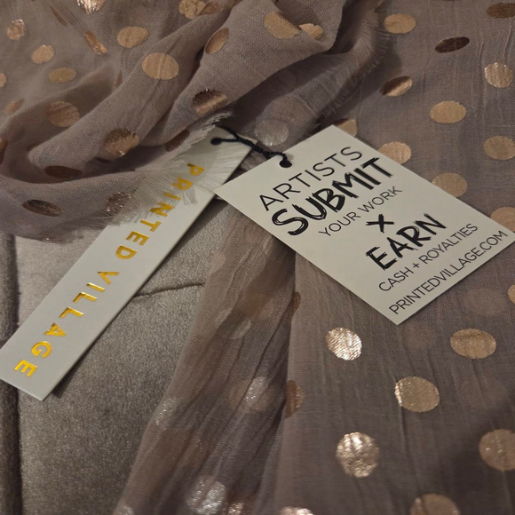 Printed Village 100% polyester beige scarf with metallic champagne color circles - Picture 2 of 8